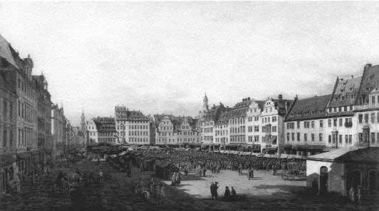 Canaletto: Der Altmarkt zu Dresden von der Seestraße aus. 
