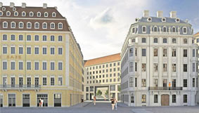 geplanter Wiederaufbau Hotel Stadt Rom mit Durchbruch durch das Wohnhaus an der Wilsdruffer Straße, Visualisierung: A.Hummel
