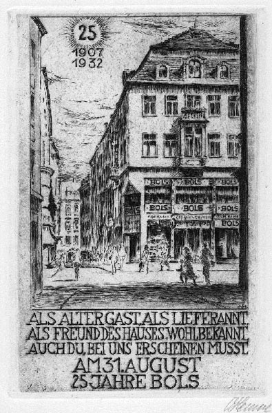Jubiläumskarte, Radierung, Ansicht des Bols-Geschäftes in der Schlossstraße 8